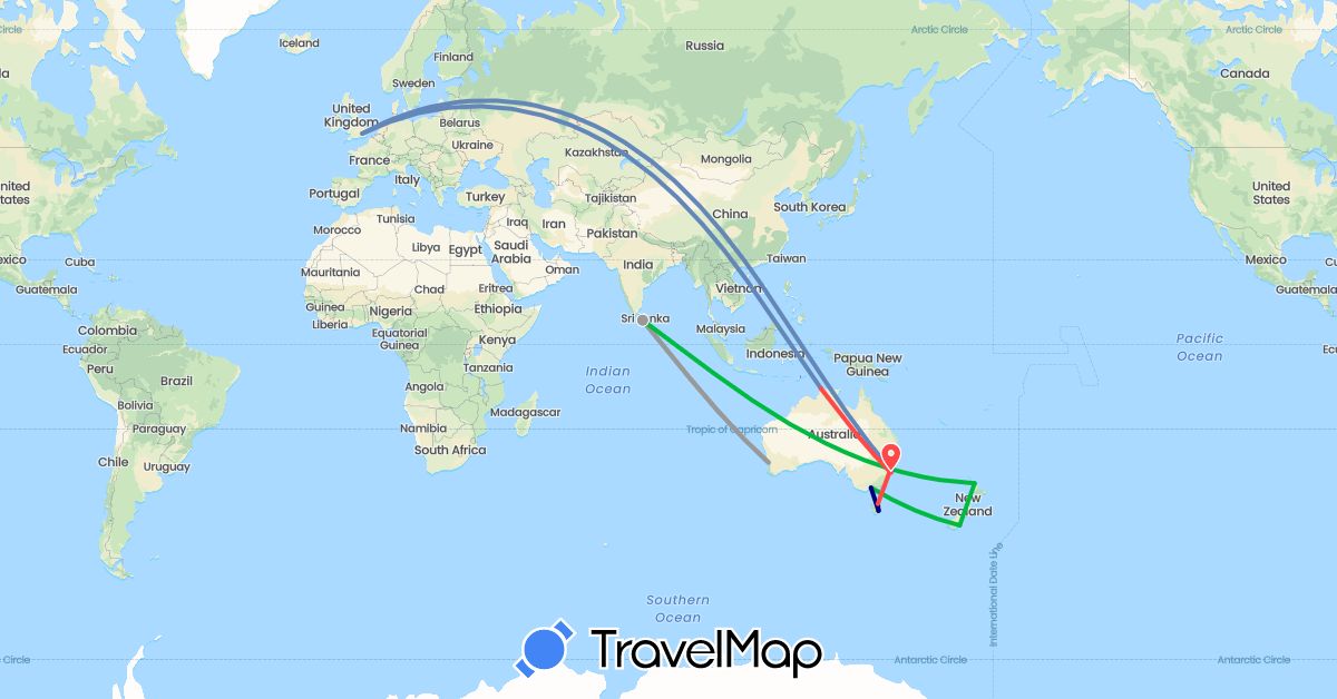 TravelMap itinerary: driving, bus, plane, cycling, hiking in Australia, United Kingdom, Sri Lanka, New Zealand (Asia, Europe, Oceania)